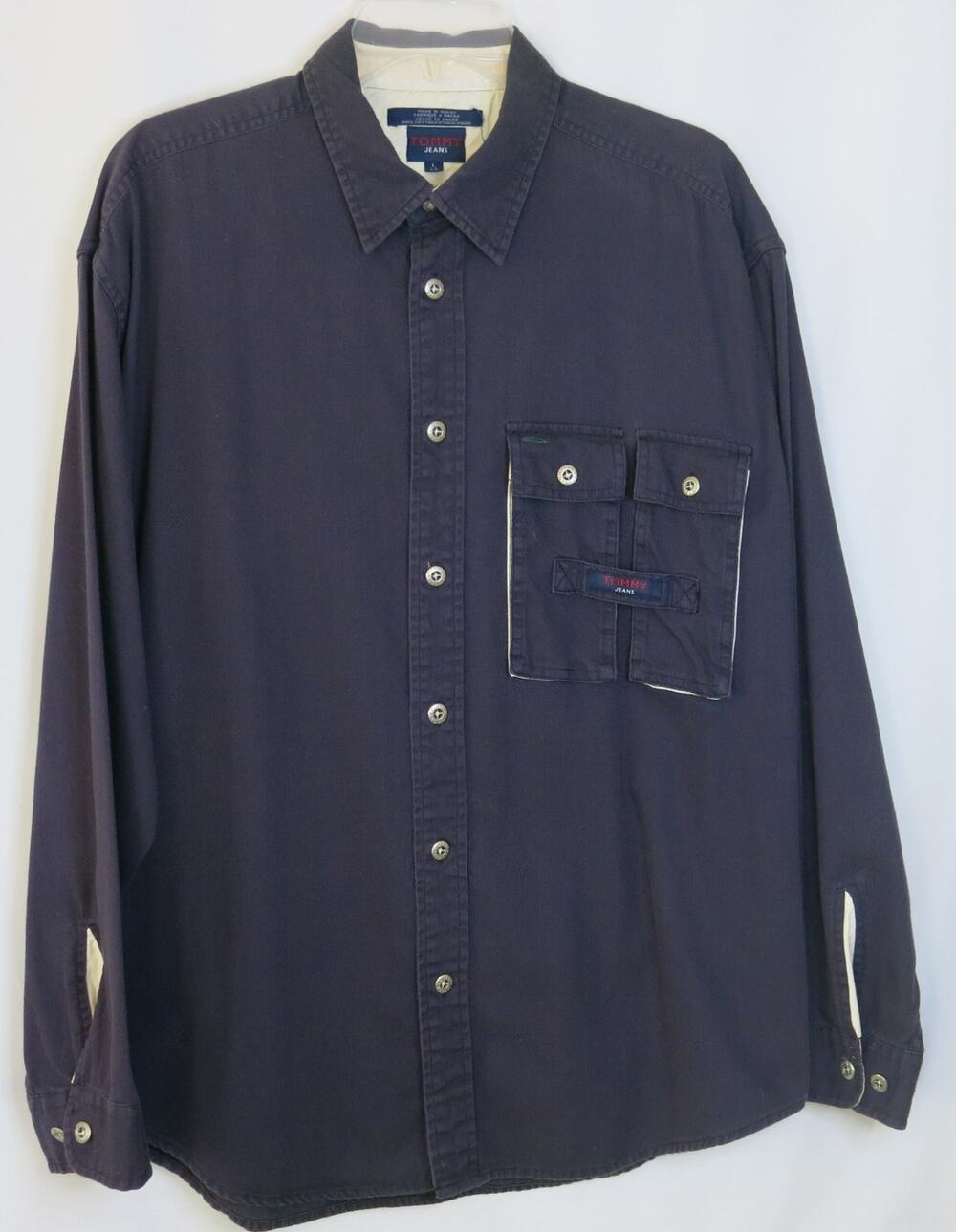 VINTAGE TOMMY HILFIGER Corduroy Shirt Size L Men's Long Sleeve Blue Y2K Pockets